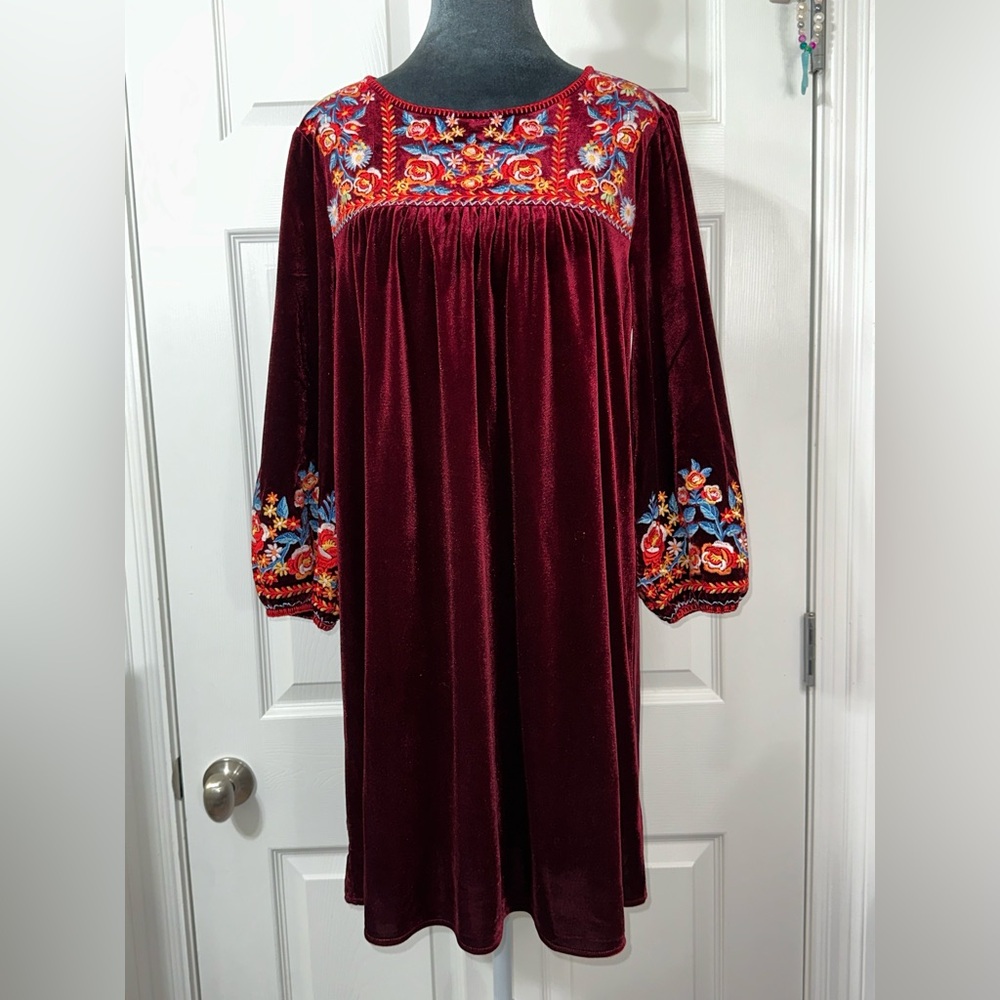 Savanna Jane Burgundy Long Sleeve velour Dress with Floral Embroidery darkFairyt